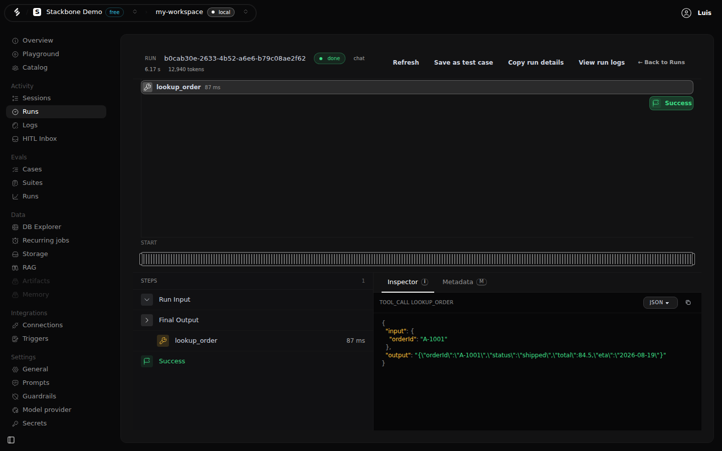 A run's trace in Studio for one turn of the support agent: the run id, done, chat, 6.17 s and 12,940 tokens in the header; Save as test case, Copy run details and View run logs actions; the lookup_order tool call in the waterfall; and the inspector printing the call's input, orderId A-1001, and its output, the order as JSON.