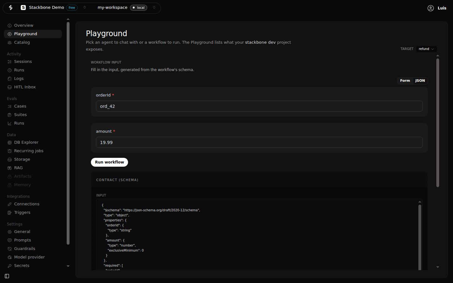 The Studio Playground with the refund workflow selected: a form generated from its schema with orderId set to ord_42 and amount to 19.99, a Run workflow button, and the input JSON Schema shown under Contract (schema).
