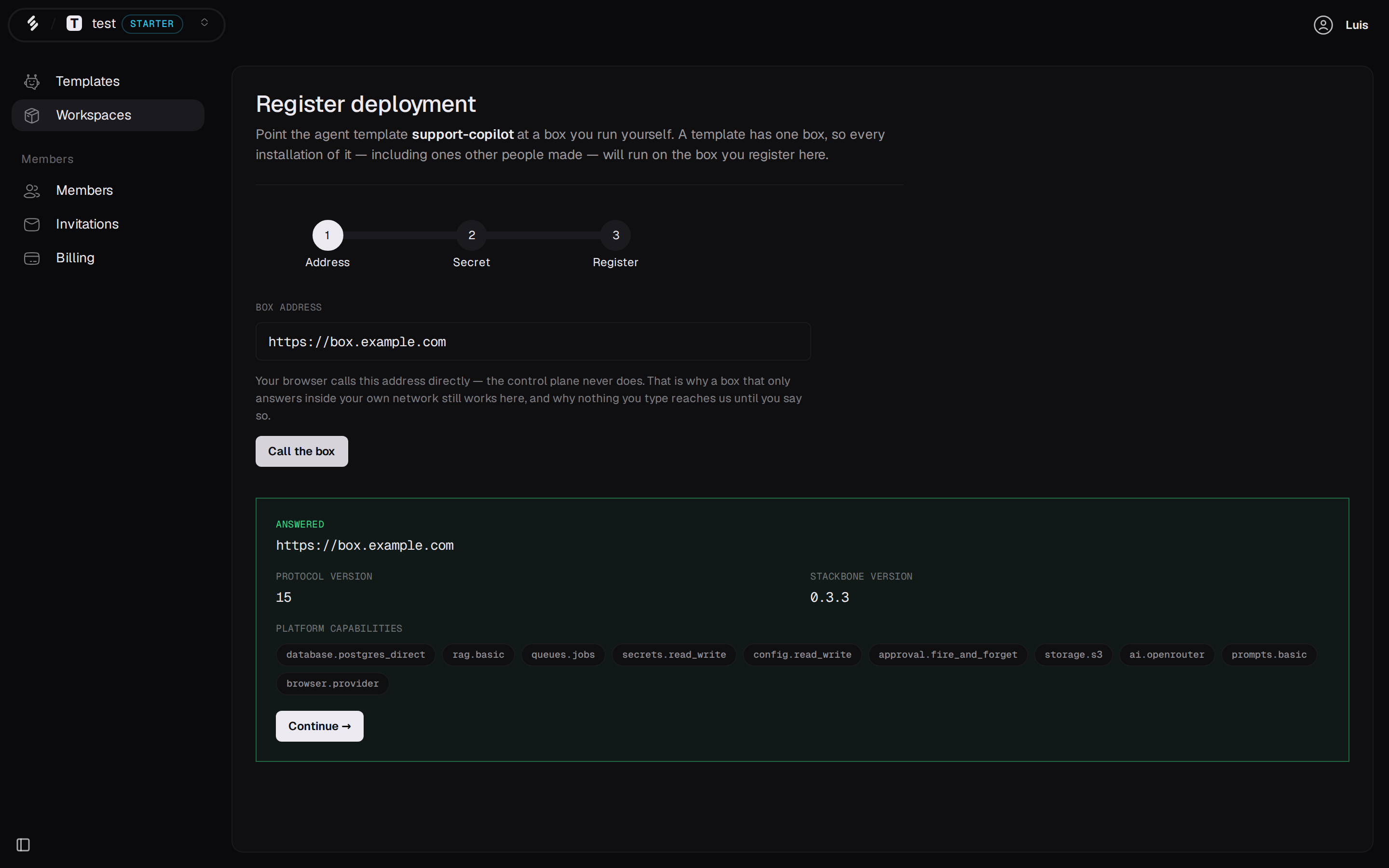 The Register deployment wizard, showing the box answering with its protocol version, Stackbone version and platform capabilities.