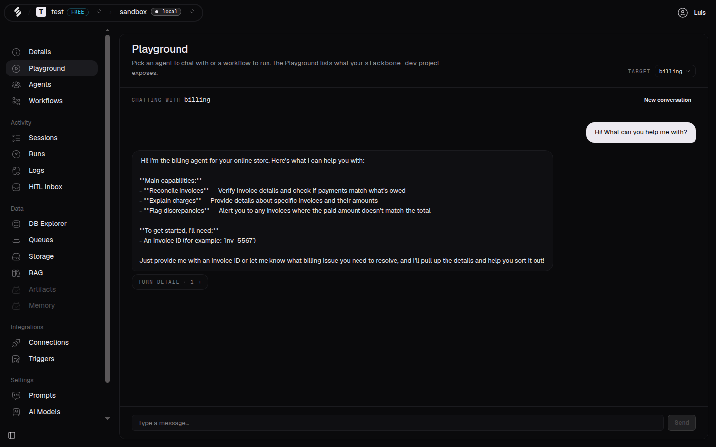 The Stackbone Studio Playground, chatting with an agent that replies in the browser.