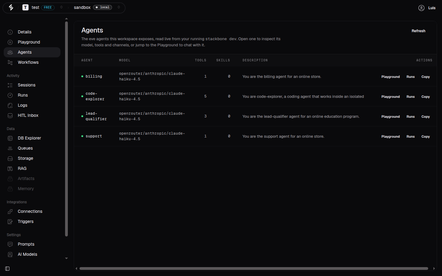 The Catalog in Studio, listing the agents and workflows in your workspace.