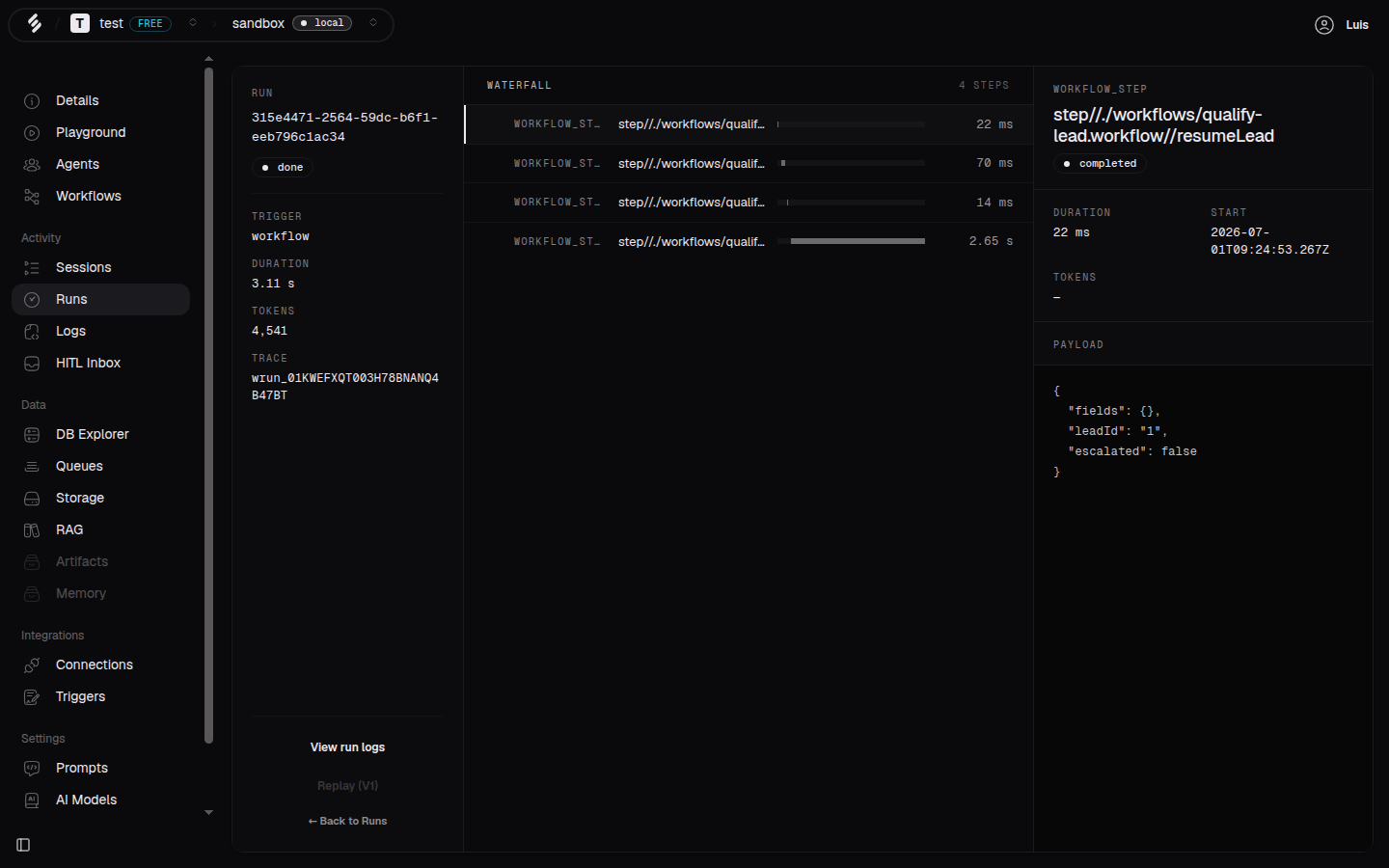 A finished workflow run in Studio, showing its steps one after another with timings.