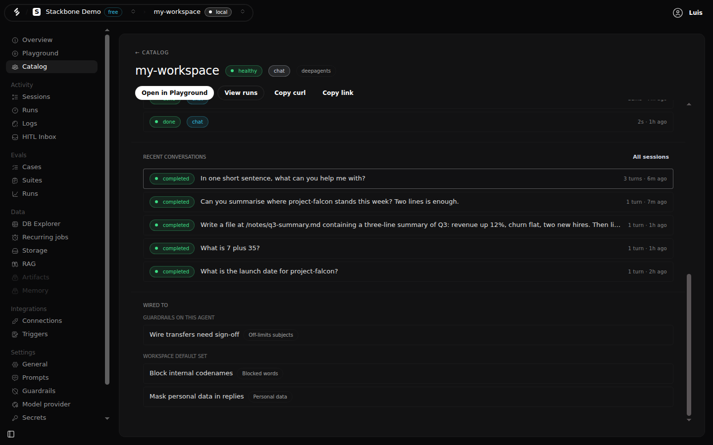 The Catalog entry for the my-workspace agent, scrolled to 