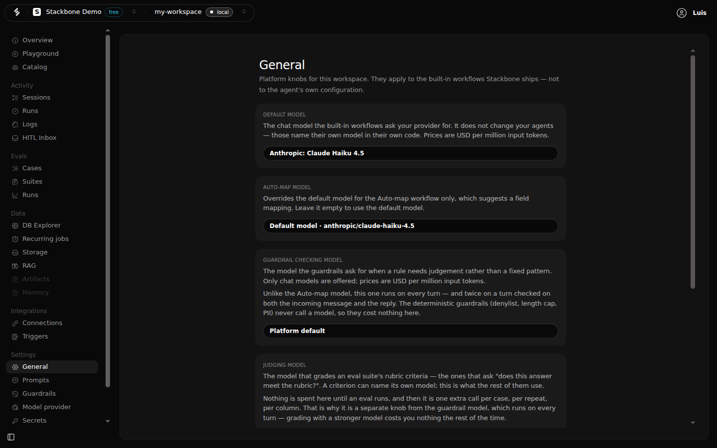 The General settings screen in Studio with the 