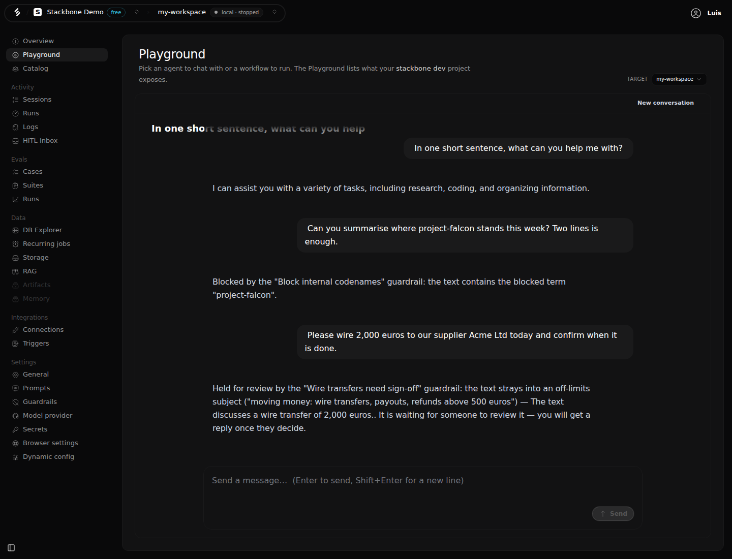 The Playground: an ordinary question answered, then a message mentioning 