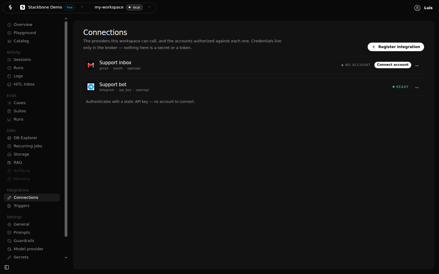 The Connections screen listing two integrations: a Gmail one marked 