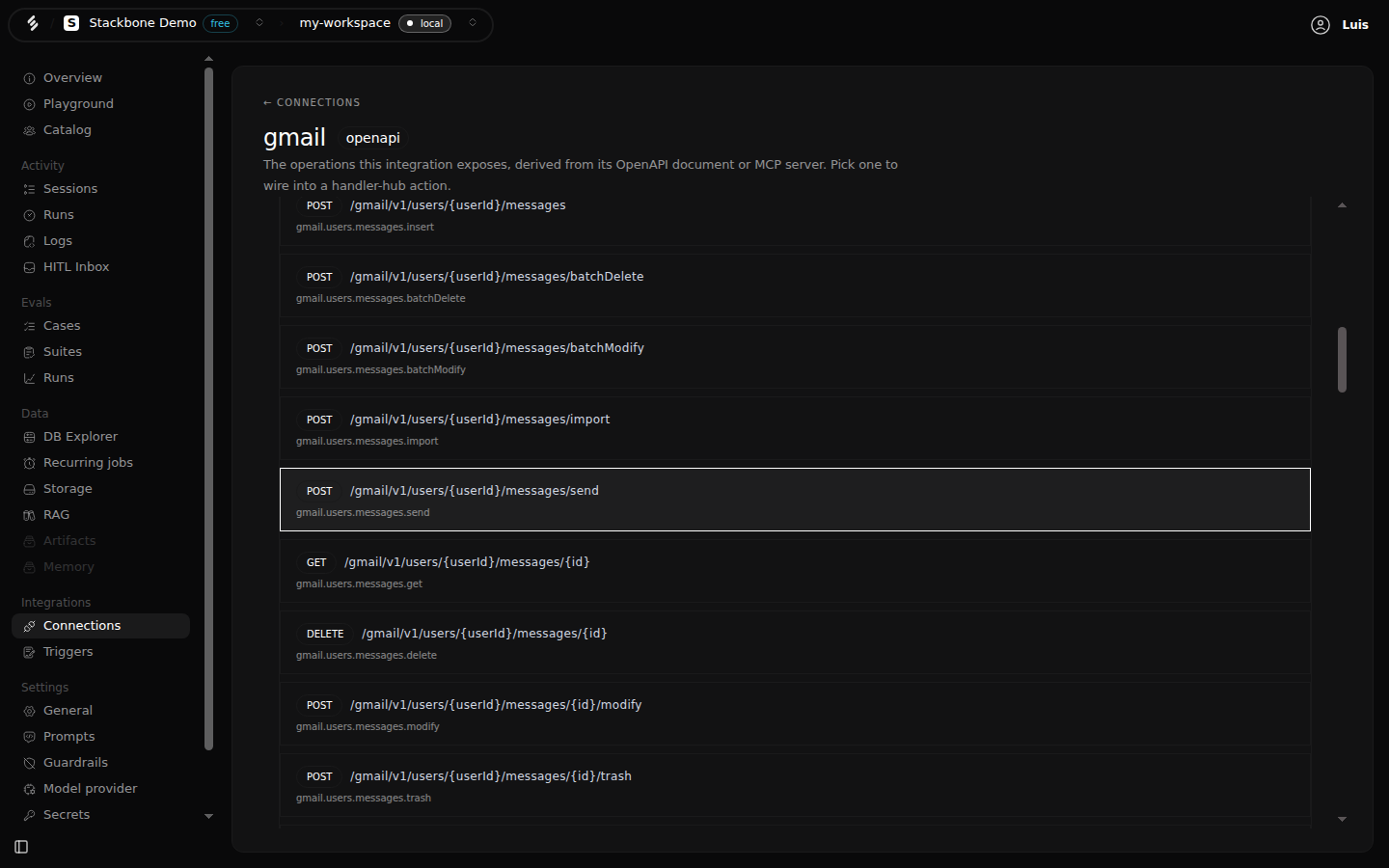The operations screen for the Gmail integration: a long list of Gmail API operations, each with its method, path and id, such as gmail.users.messages.send.