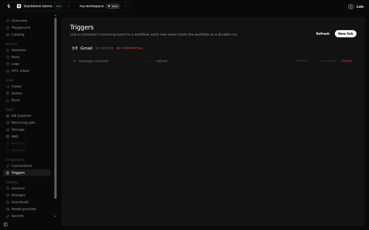 The Triggers screen listing one Gmail link: message-received to the refund workflow, mapped, disabled, never polled, with the integration flagged as having no credential yet.