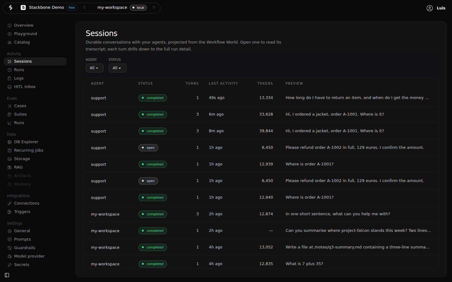 The Sessions screen in Studio: Agent and Status filters, and a table with one row per conversation showing the agent, its status, the number of turns, the last activity, the tokens spent and a preview of the first message.