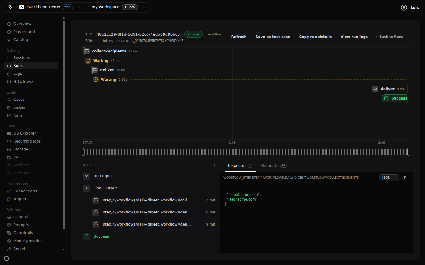A workflow run's trace in Studio: three steps with the waits between them, the run input and final output on the left, and the inspector showing the first step's result as JSON.