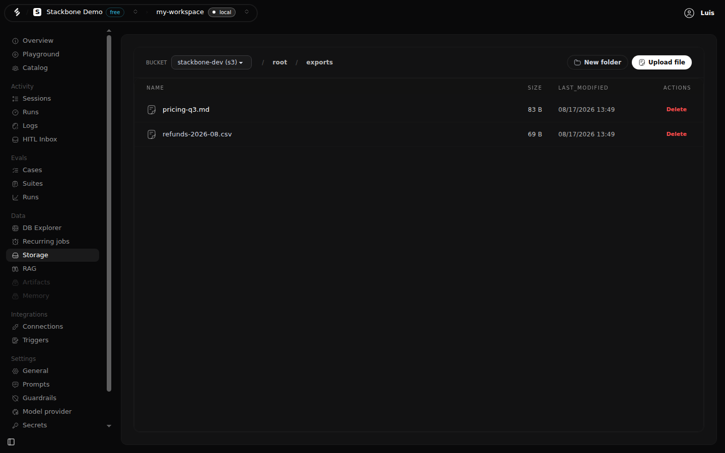 The Storage screen showing the exports folder with two files uploaded from the browser, pricing-q3.md and refunds-2026-08.csv, with their sizes and dates.