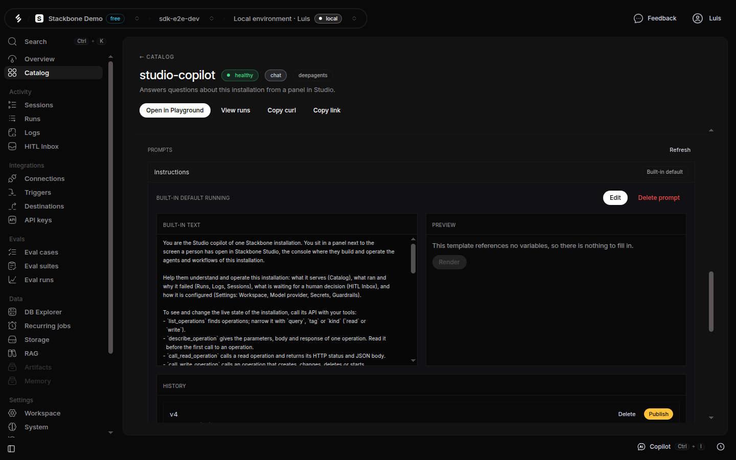The studio-copilot entry in the Catalog, scrolled to its Prompts block: the key instructions marked Built-in default, opened to show 