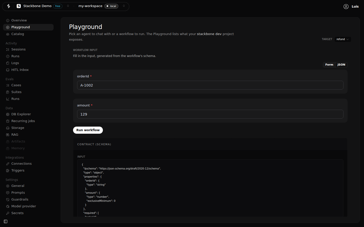 The Studio Playground with the refund workflow selected: a form generated from its schema with orderId set to A-1002 and amount to 129, a Run workflow button, and the input JSON Schema shown under Contract (schema).
